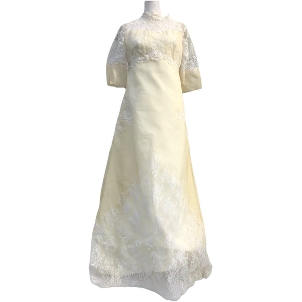 Vtg 60s 70s Lace Cream Wedding Gown Dress Edythe Vincent Alfred Angelo Boho S M